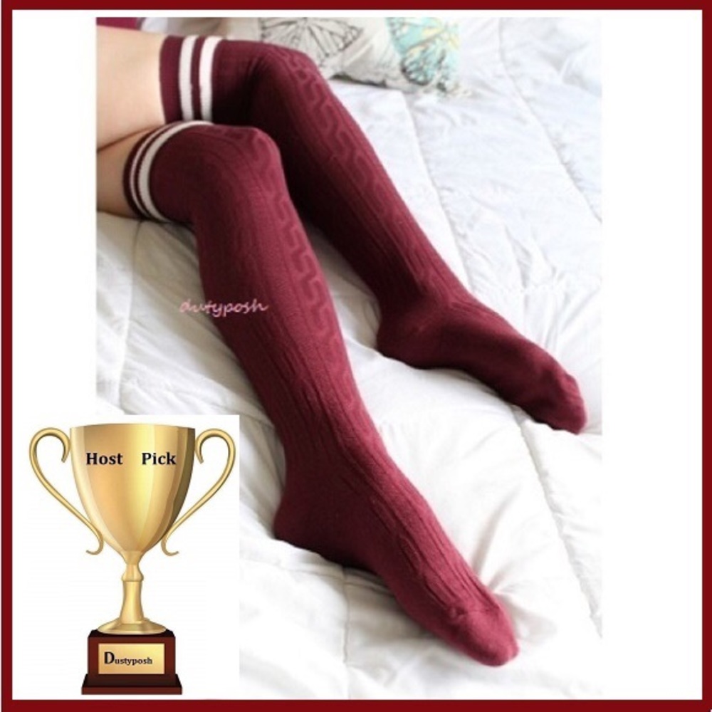 Burgundy Cable Knit Over The Knee Socks Thigh High